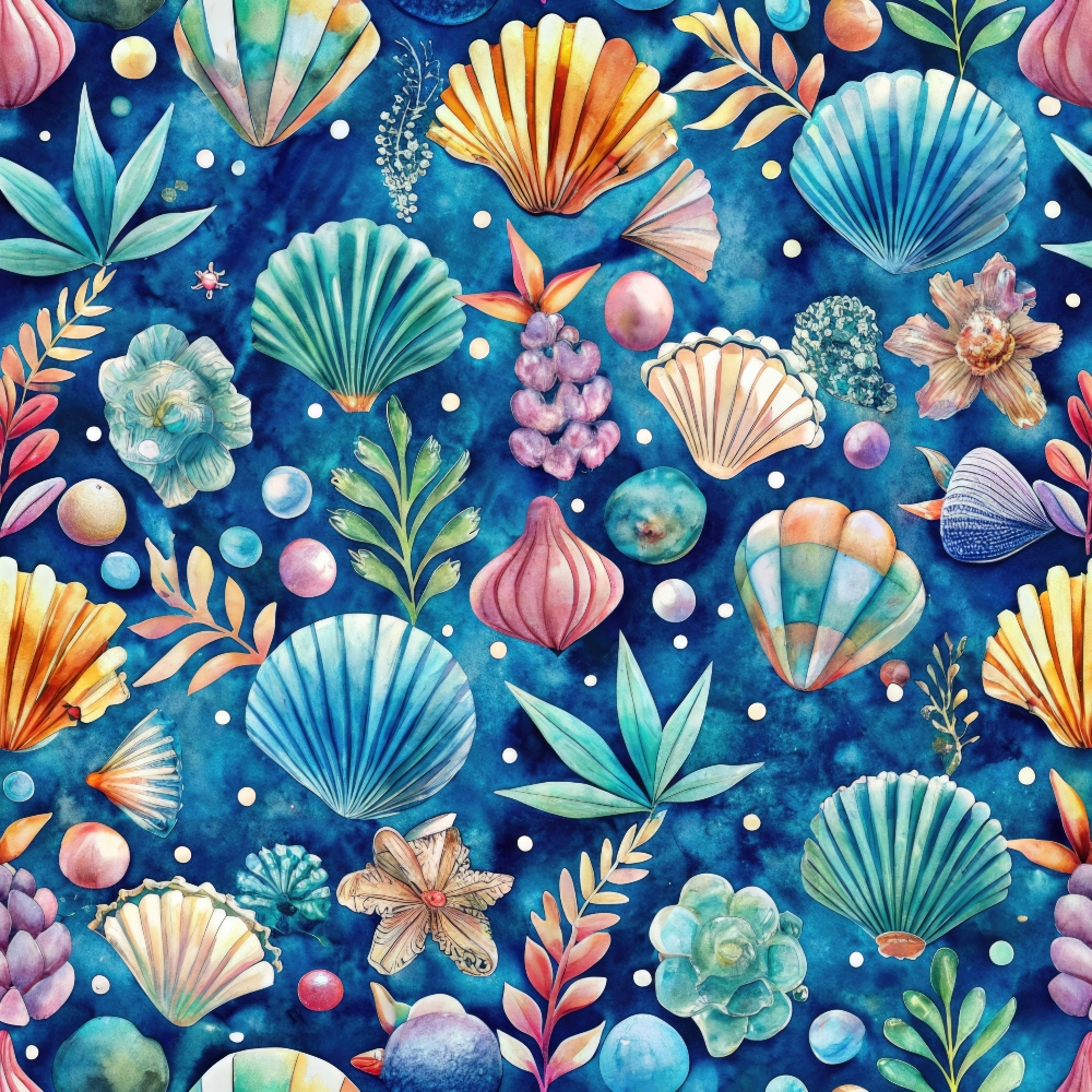 Colorful watercolor-style pattern featuring various seashells, plants, and ocean-themed elements on a dark blue background.