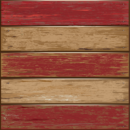 Weathered wooden planks painted in alternating red and beige, showing signs of peeling and aging.