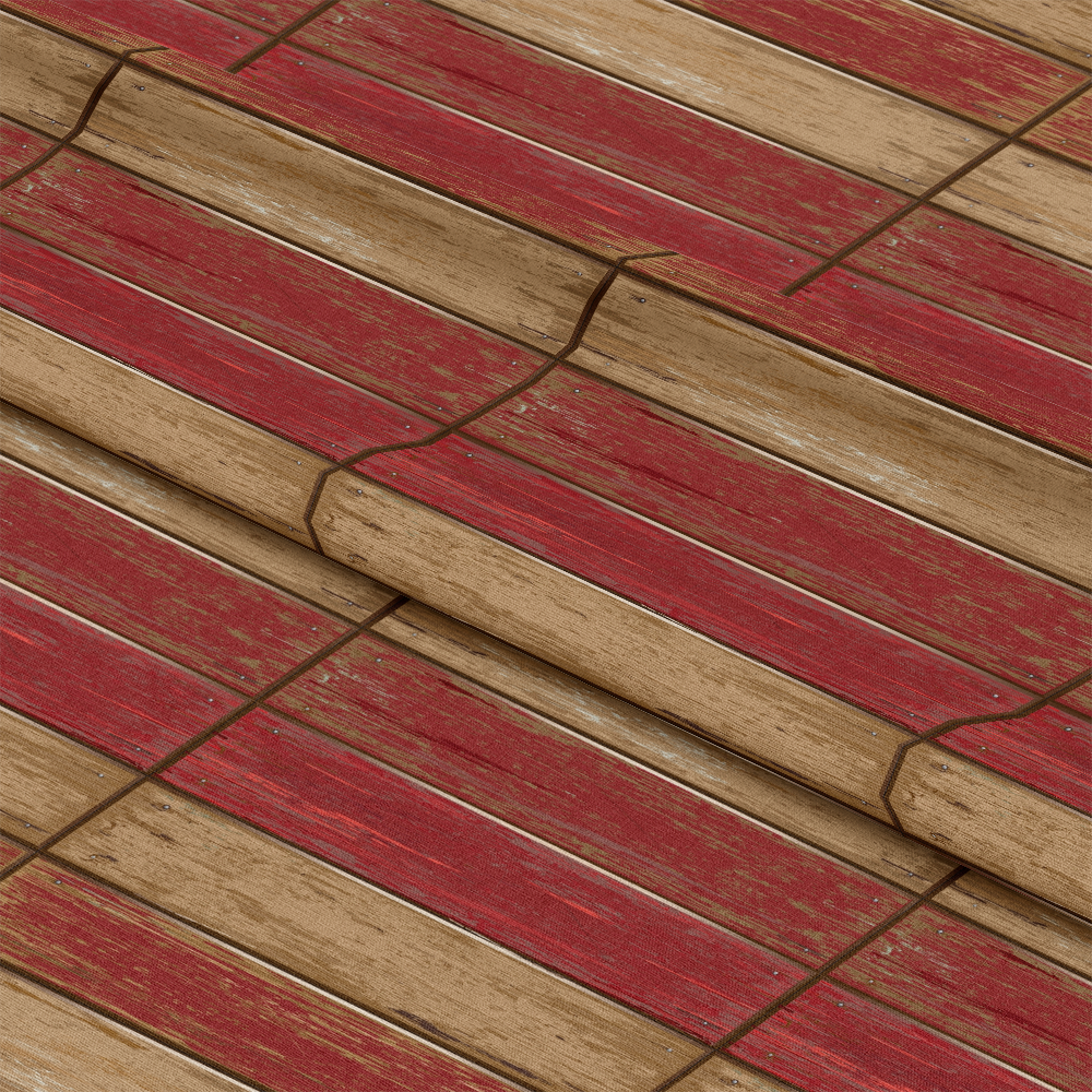 Textured wooden planks arranged in a stacked pattern, featuring alternating red and natural brown colors with prominent grain lines and slight wear.
