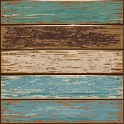 Illustration of five horizontal wooden planks with a distressed texture, featuring alternating shades of teal, brown, and beige. Each plank has visible nail heads at the corners.