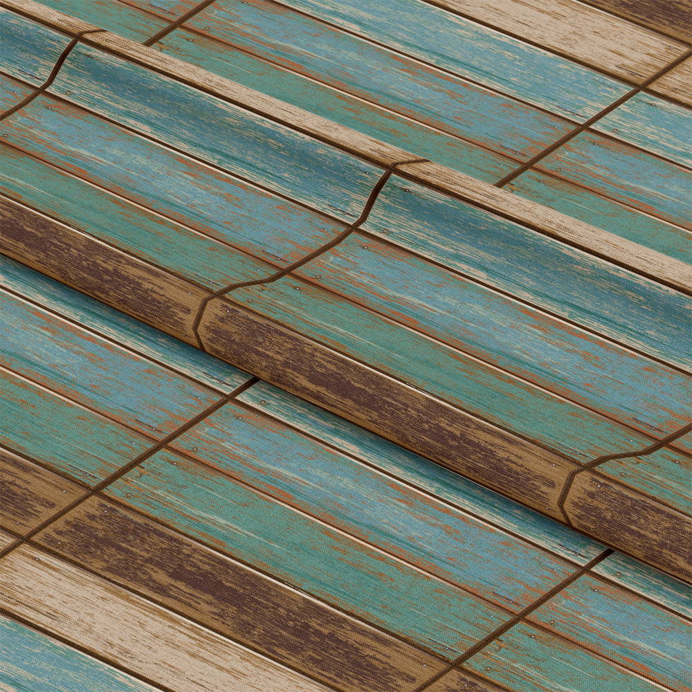 Close-up of colorful metal roofing with alternating blue and brown panels, featuring visible rust and weathered texture.