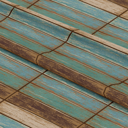 Close-up of colorful metal roofing with alternating blue and brown panels, featuring visible rust and weathered texture.