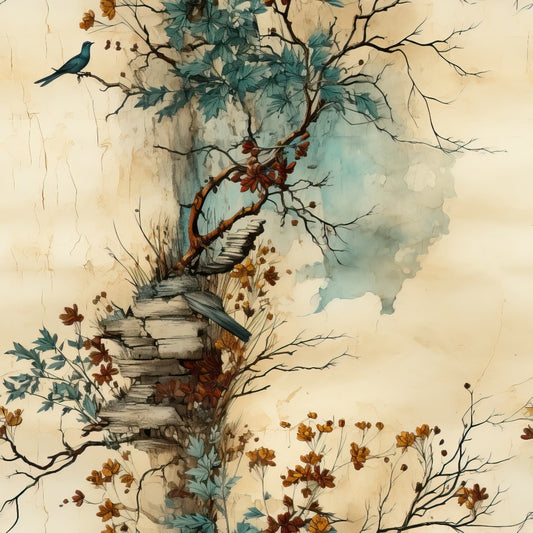 An illustration of two birds perched on branches of a tree with blue and brown leaves, some yellow flowers, and a few broken wooden planks, set against a light beige background with watercolor effects.