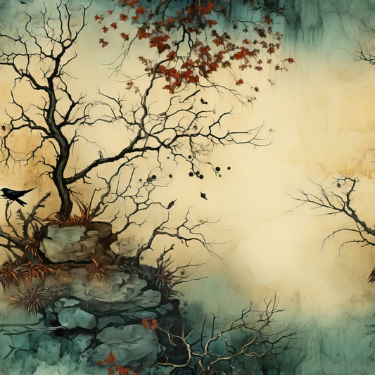 A digital painting shows leafless trees with a few red leaves, perched on rocky terrain. Birds are seen sitting on branches or flying. The background is shaded in pale yellow and teal, creating a calm, misty atmosphere.