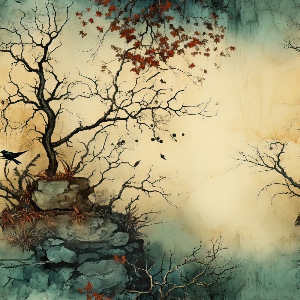 A digital illustration shows leafless trees and bare branches on rocky ground, with scattered red leaves and a few perched birds against a pale, textured sky. The scene appears calm and slightly surreal.