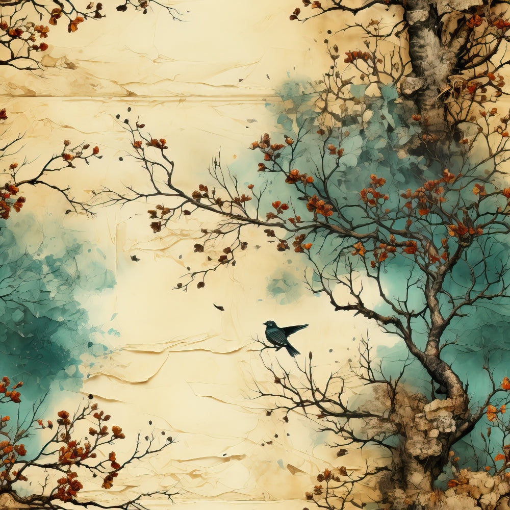 quilting cotton, fabric panel, autumn tree, falling leaves, bird perched, watercolor style, cream background, teal blue, rust orange, brown branches, nature scene, botanical design, vintage aesthetic, soft pastels, organic patterns, seasonal motif, delicate artwork, nature inspired, tranquil mood, cotton fabric