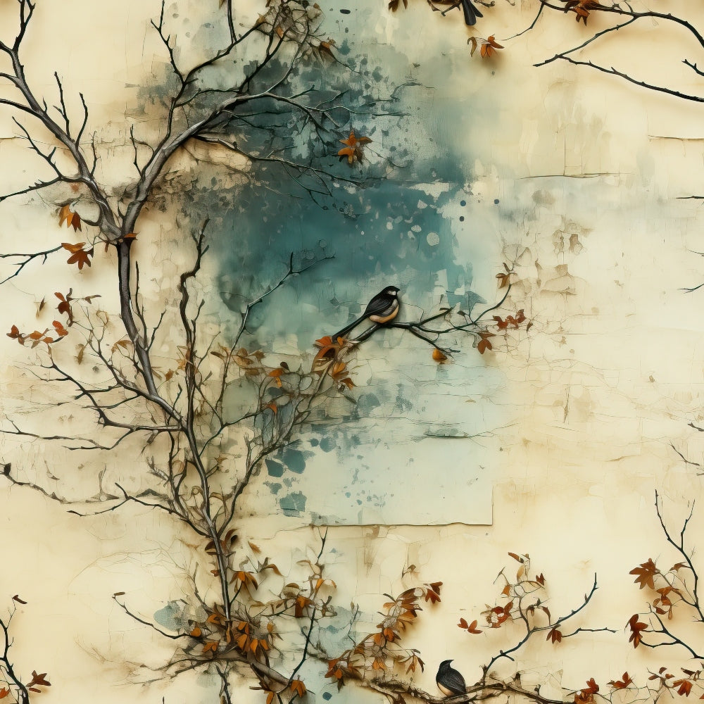 autumn leaves, bare branches, small birds, watercolor style, teal blue, cream background, orange leaves, brown leaves, tree silhouettes, quilting cotton, fabric panel, nature scene, fall theme, artistic splatters, organic branches, perched birds, seasonal motif, soft textures, botanical design, muted palette