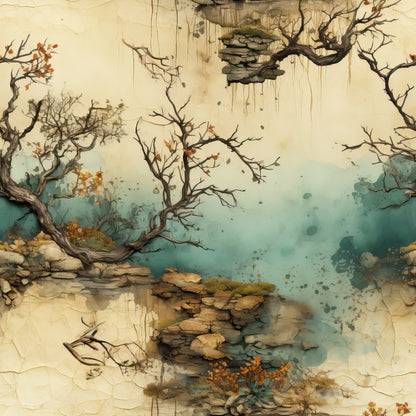 A digital painting of a rocky landscape with barren, twisted trees, sparse autumn leaves, and patches of grass against a textured, cracked background with blue and beige tones, evoking an aged, serene atmosphere.