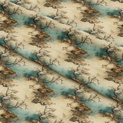 Folded fabric with a repeating pattern of leafless, branching trees and abstract watercolor-style backgrounds in shades of beige, brown, blue, and green. The fabric appears smooth and tightly woven.