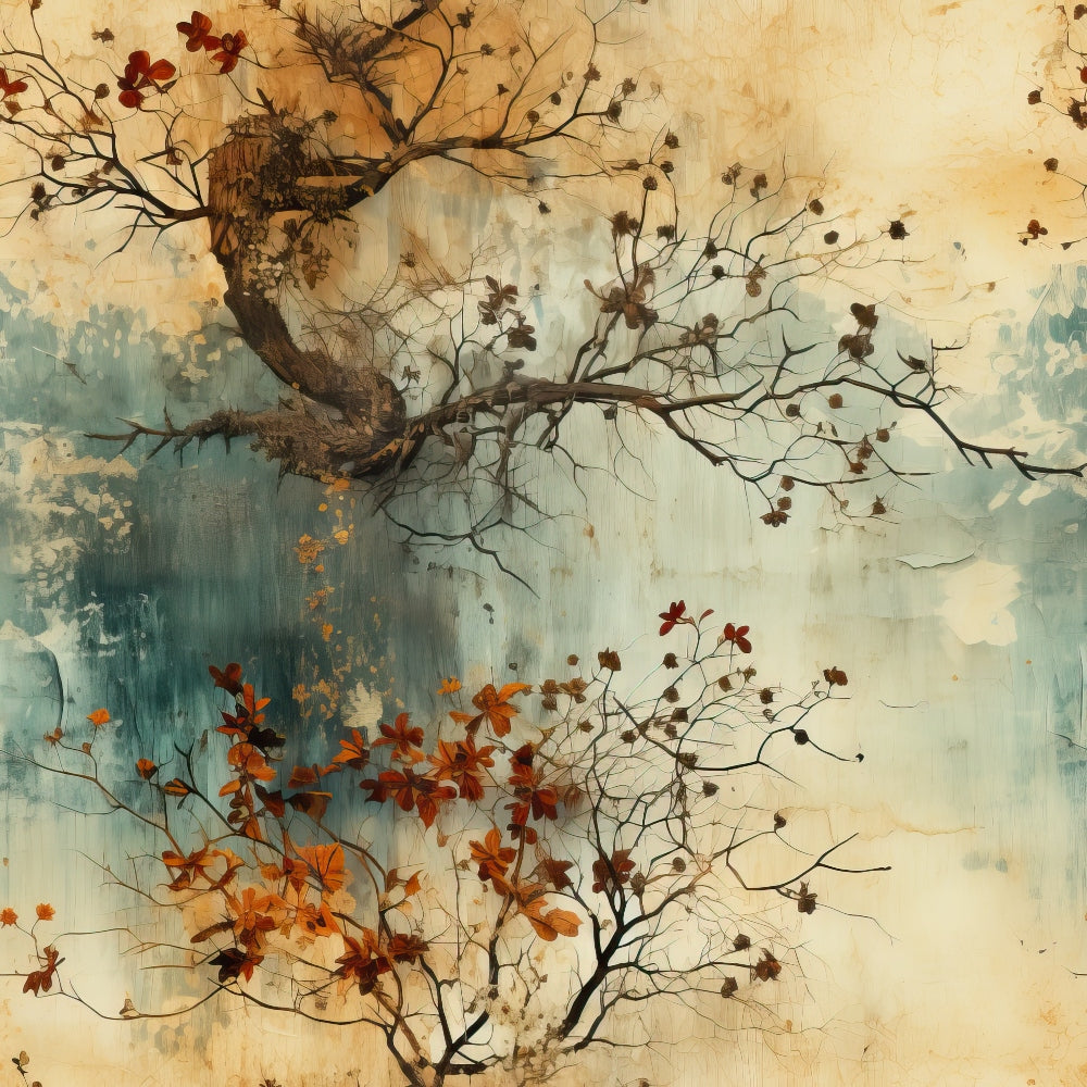 autumn tree, gnarled branches, falling leaves, vintage botanical, weathered texture, antiqued background, rust orange, burnt sienna, sage green, cream beige, nature scene, twisted trunk, seasonal foliage, artistic watercolor, quilting cotton, fabric panel, distressed finish, organic branches, earthy tones, botanical illustration