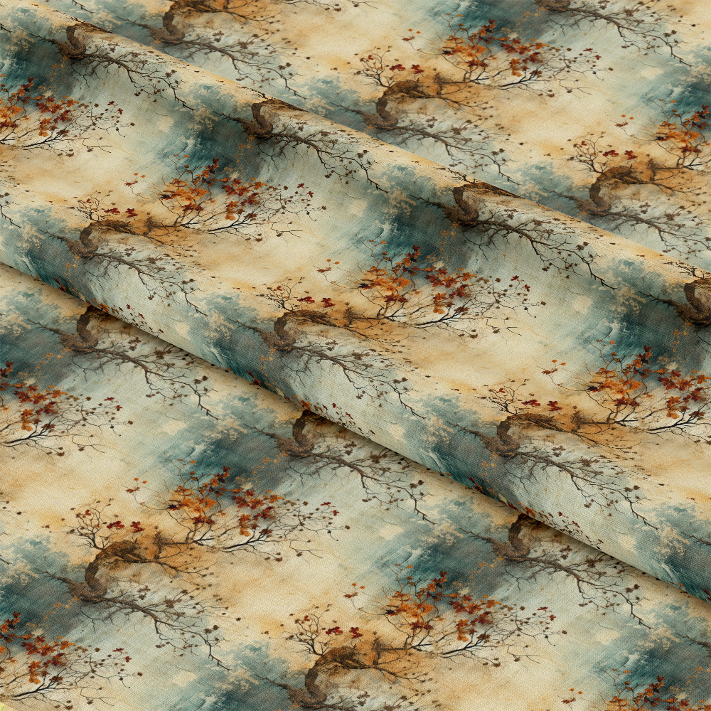 Folded fabric featuring a watercolor-style print of tree branches with red leaves against a soft, cloud-like background of beige, teal, and muted blue shades. The repeating pattern appears on each visible fold.