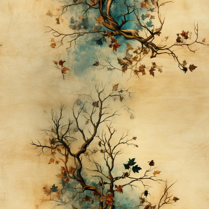 A painting of intertwined tree branches with sparse, autumn leaves against a beige and blue textured background, giving an antique and slightly surreal appearance.
