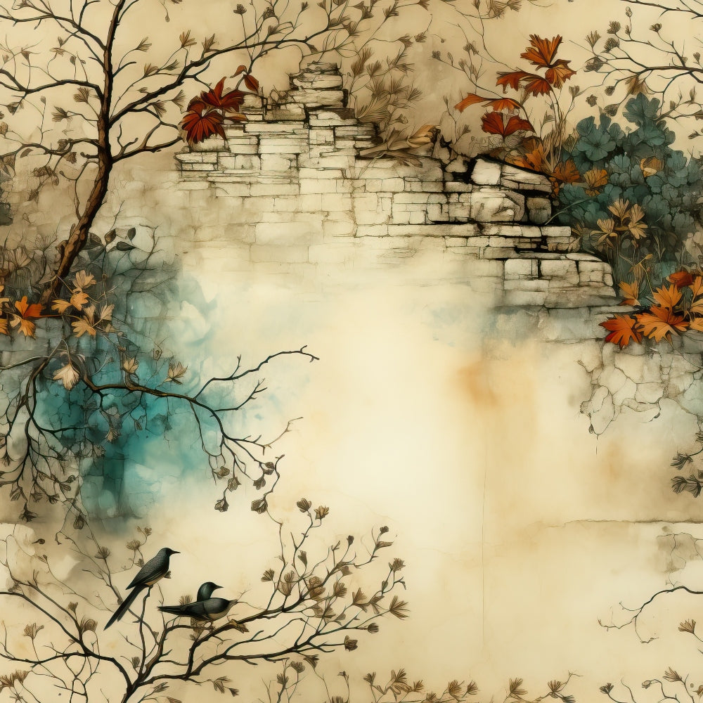 beige, cream, teal, orange, autumn leaves, bare branches, stone wall, ruins, black birds, watercolor style, vintage illustration, fall foliage, botanical elements, nature scene, quilting cotton, fabric panel, muted tones, weathered texture, seasonal motifs, artistic rendering