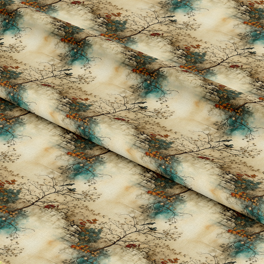 A close-up of folded fabric featuring a repeating pattern of leafless tree branches with scattered orange and teal accents on a beige background. The fabric has a soft, watercolor-like texture.