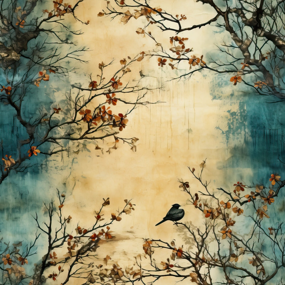 autumn leaves, bird silhouette, tree branches, teal blue, warm beige, orange foliage, nature scene, quilting cotton, fabric panel, vintage style, moody atmosphere, bare branches, fall colors, botanical design, peaceful setting, watercolor effect, rustic charm, seasonal motif, outdoor scene
