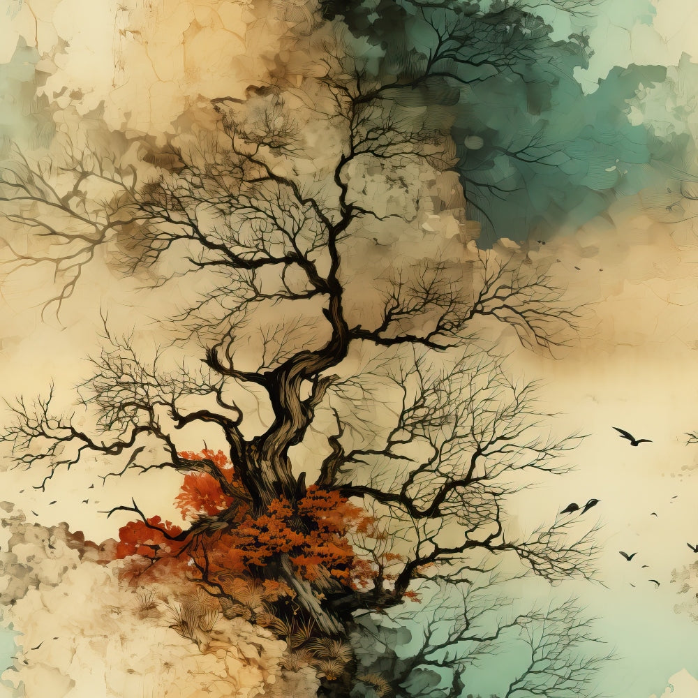A leafless tree with twisted branches stands against a textured watercolor background. The lower branches have clusters of red leaves, and several birds are flying in the sky to the right.