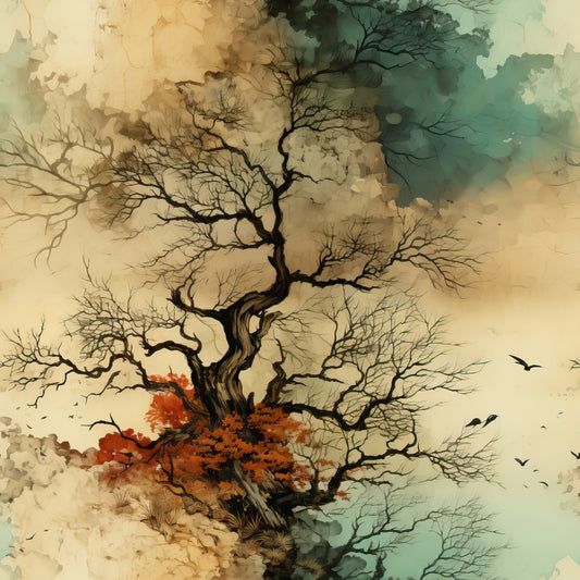 A leafless tree with twisted branches stands against a textured watercolor background. The lower branches have clusters of red leaves, and several birds are flying in the sky to the right.
