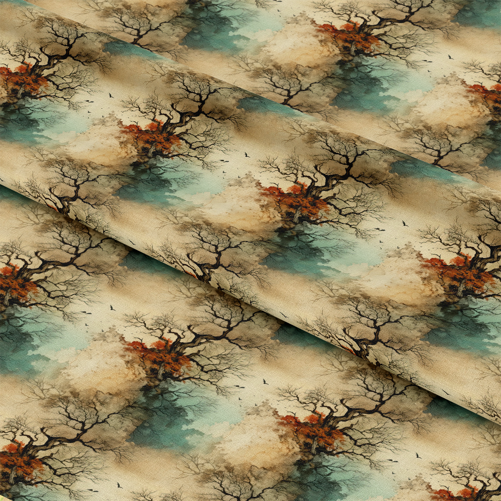 Fabric featuring a repeated pattern of bare, twisted tree branches with hints of orange foliage, blue and beige background, and scattered small black birds in flight. The fabric is folded to show the pattern continuity.