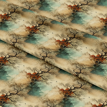 Fabric featuring a repeated pattern of bare, twisted tree branches with hints of orange foliage, blue and beige background, and scattered small black birds in flight. The fabric is folded to show the pattern continuity.