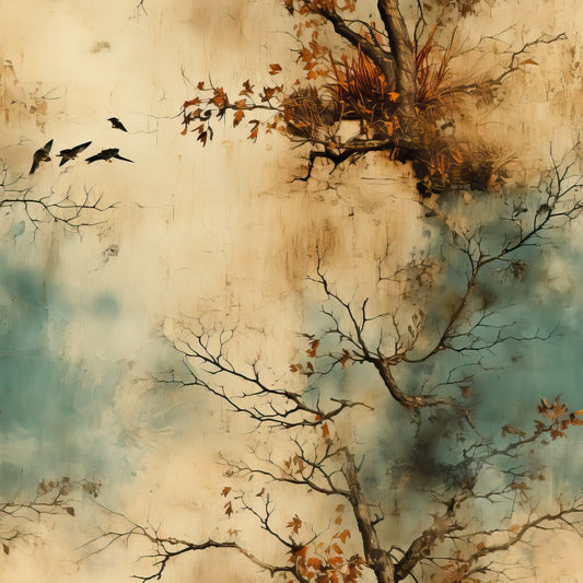 A digital painting shows bare tree branches with a few autumn leaves against a textured beige and teal background. A small flock of birds is flying in the top left area of the image.