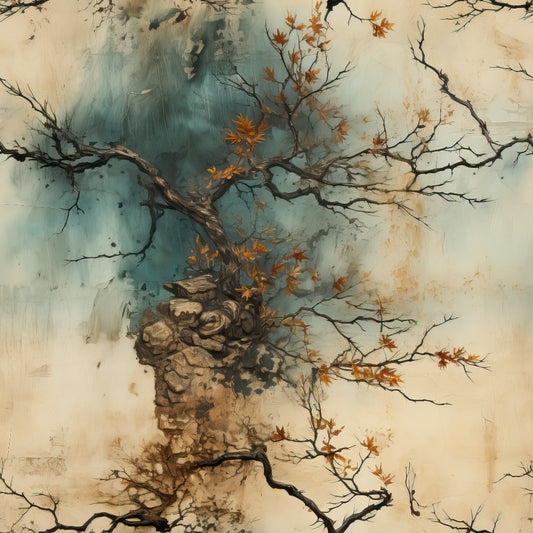 A stylized painting depicts a rocky outcrop with a gnarled tree growing from it. The trees bare, dark branches have sparse orange leaves, set against a textured, blue and beige background.