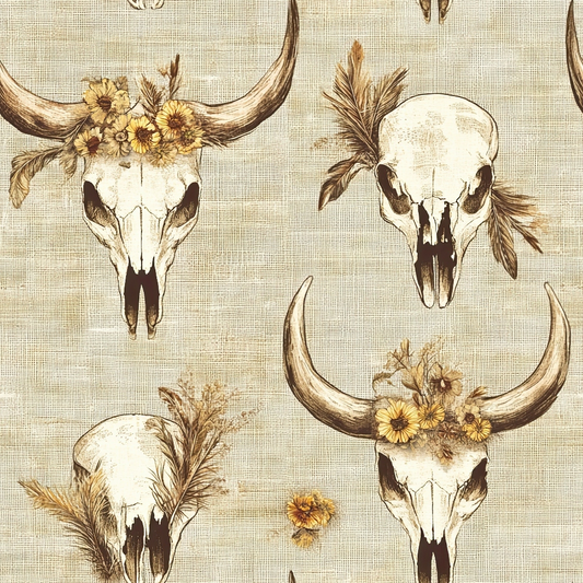 beige, cream, brown, yellow, cattle skulls, bull skulls, horns, feathers, sunflowers, western theme, rustic, boho style, southwestern, animal skulls, floral accents, quilting cotton, fabric panel, desert motif, country style, earthy tones