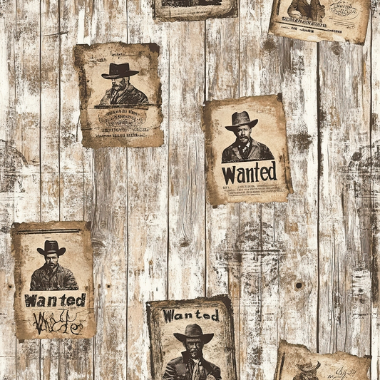 wanted posters, western theme, cowboys, vintage brown, sepia tones, weathered wood, distressed planks, outlaw portraits, rustic panels, quilting cotton, aged paper, frontier style, masculine design, nostalgic atmosphere, historical figures, wild west, antique finish, wooden boards, fabric panel, cowboy hats