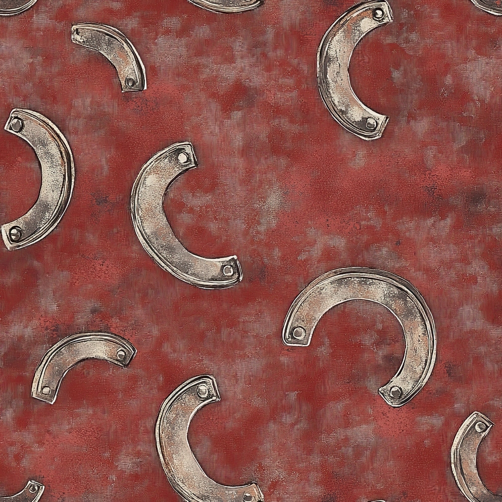 rustic red, burgundy, metallic silver, horseshoes, western theme, distressed texture, ranch style, cowboy motif, scattered pattern, weathered look, quilting cotton, fabric panel, country western, equestrian design, vintage finish, rustic charm, riding accessories, barn red background, western wear, rodeo inspired