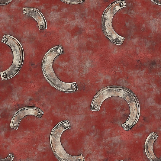 rustic red, burgundy, metallic silver, horseshoes, western theme, distressed texture, ranch style, cowboy motif, scattered pattern, weathered look, quilting cotton, fabric panel, country western, equestrian design, vintage finish, rustic charm, riding accessories, barn red background, western wear, rodeo inspired