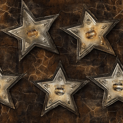 brown, bronze, gold, metallic, western stars, sheriff badges, vintage style, distressed texture, cowboy theme, rustic design, quilting cotton, fabric panel, aged appearance, embossed look, dimensional stars, western motifs, antique finish, cracked surface, geometric pattern
