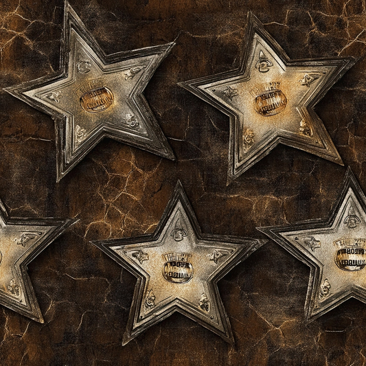 brown, bronze, gold, metallic, western stars, sheriff badges, vintage style, distressed texture, cowboy theme, rustic design, quilting cotton, fabric panel, aged appearance, embossed look, dimensional stars, western motifs, antique finish, cracked surface, geometric pattern