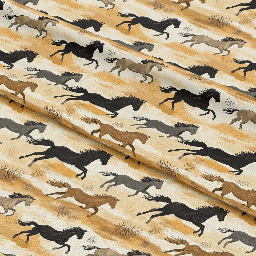 • On the Range Pattern 15 Quilting Cotton Fabric • horses • running • galloping • western • earthy tones • beige • tan • brown • black • gray • desert • rustic • cotton • quilting fabric • yardage • continuous