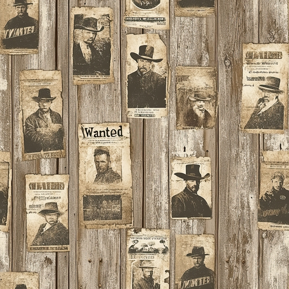sepia tones, beige, brown, cream, vintage wanted posters, old west outlaws, cowboy portraits, weathered wood planks, rustic barn wood, distressed paper, victorian era men, mustached figures, black hats, western theme, aged photographs, antiqued finish, quilting cotton, fabric panel, frontier style, lawmen mugshots