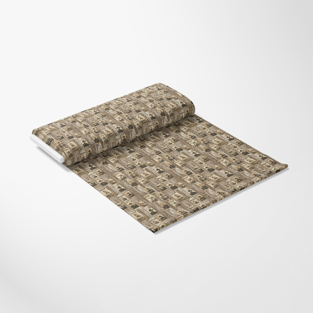 A roll of wallpaper featuring a repetitive vintage money design, partially unrolled on a white background.