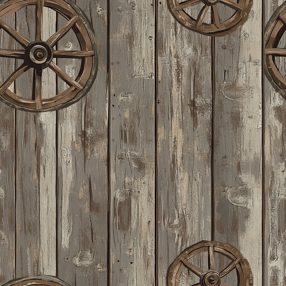 weathered wood, wagon wheels, rustic brown, taupe, beige, western theme, vintage wheels, wood planks, distressed texture, barn wood, country style, quilting cotton, fabric panel, rustic pattern, old west, farmhouse, antique wheels, wooden background, rural design, cowboy theme