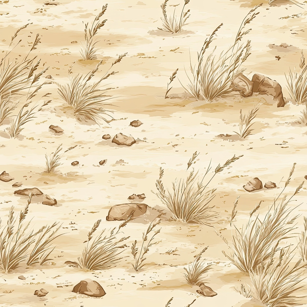 beige, tan, cream, desert landscape, sparse grass, rocks, stones, arid terrain, western theme, range pattern, quilting cotton, fabric panel, minimalist design, neutral tones, desert plants, scattered vegetation, earthy palette, dusty ground, open plains, natural scenery