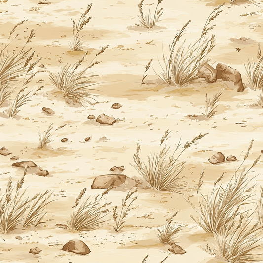 beige, tan, cream, desert landscape, sparse grass, rocks, stones, arid terrain, western theme, range pattern, quilting cotton, fabric panel, minimalist design, neutral tones, desert plants, scattered vegetation, earthy palette, dusty ground, open plains, natural scenery