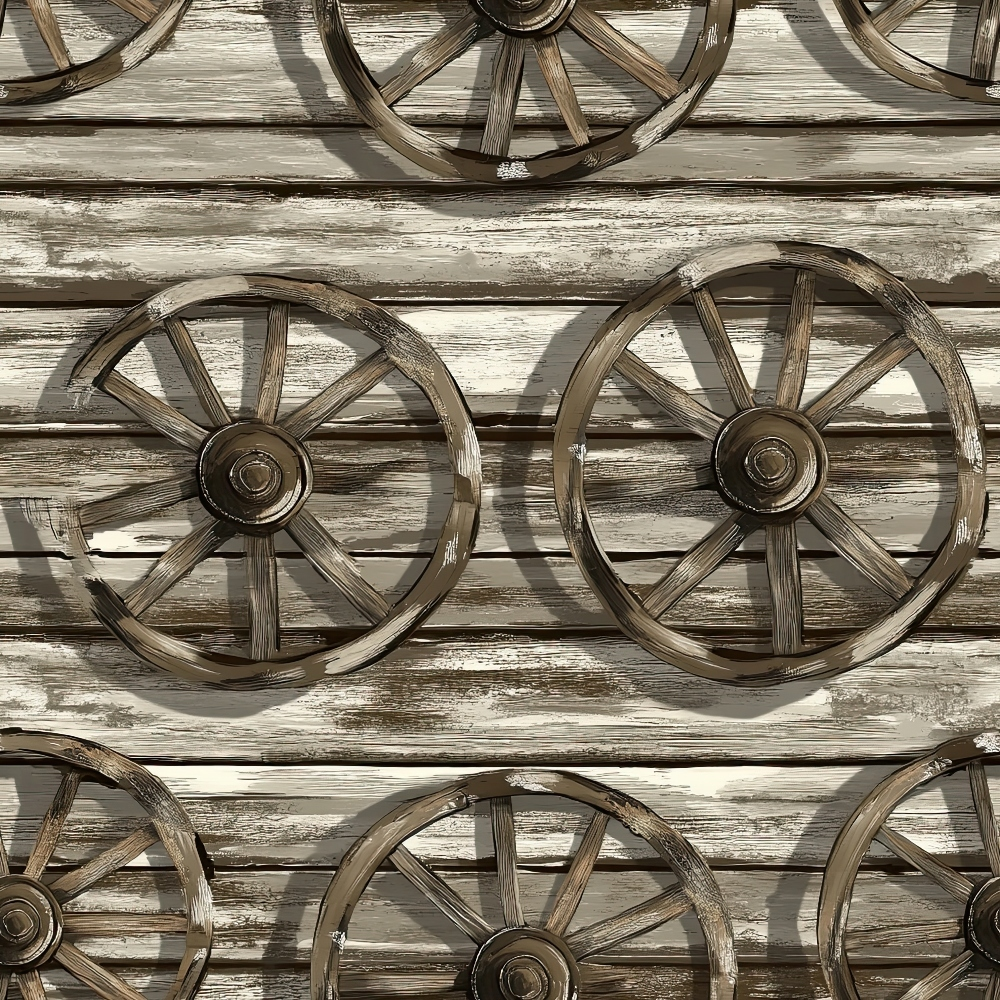 wagon wheels, weathered wood, rustic brown, sepia tones, western theme, vintage wheels, wooden spokes, barn wood, cowboy style, frontier design, old west, rustic pattern, quilting cotton, fabric panel, ranch decor, country western, aged wood texture, pioneer era, rustic charm