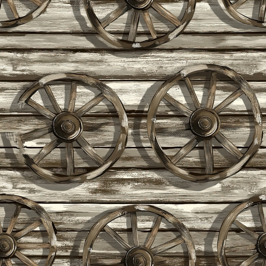 wagon wheels, weathered wood, rustic brown, sepia tones, western theme, vintage wheels, wooden spokes, barn wood, cowboy style, frontier design, old west, rustic pattern, quilting cotton, fabric panel, ranch decor, country western, aged wood texture, pioneer era, rustic charm