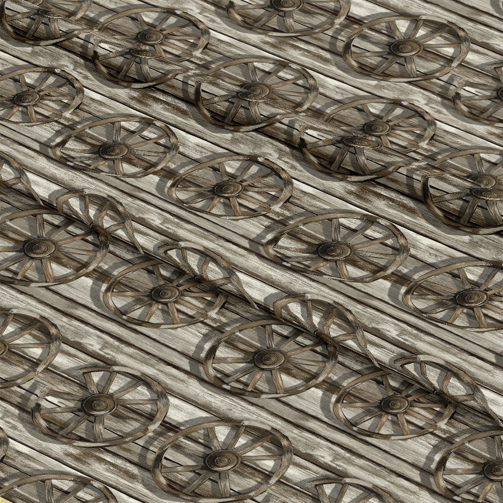 Wooden wagon wheels are arranged in rows on a wooden surface, creating a repetitive pattern.