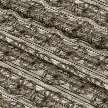 Wooden wagon wheels are arranged in rows on a wooden surface, creating a repetitive pattern.