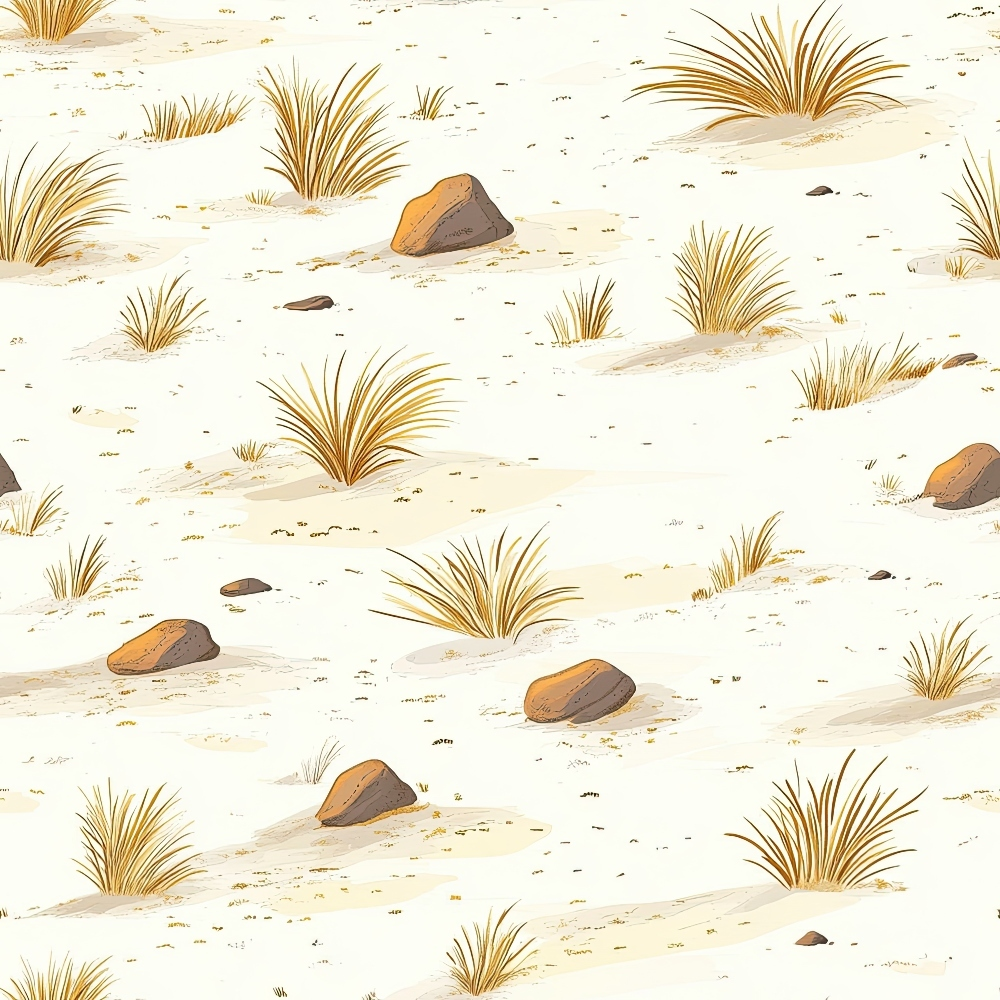 desert landscape, sandy beige, golden brown, orange rocks, dried grass, sparse vegetation, western theme, arid terrain, scattered stones, quilting cotton, fabric panel, earthy tones, southwestern style, desert flora, barren ground, dusty surface, natural elements, rugged landscape, warm palette