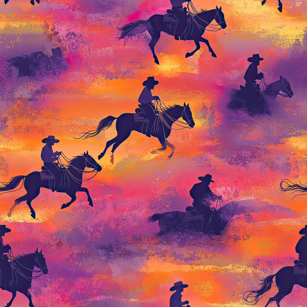 sunset colors, orange, pink, purple, magenta, cowboys, horses, western theme, silhouettes, riding horses, galloping horses, cowboy hats, dramatic sky, sunset scene, quilting cotton, fabric panel, western pattern, equestrian motif, ranch life, textured background
