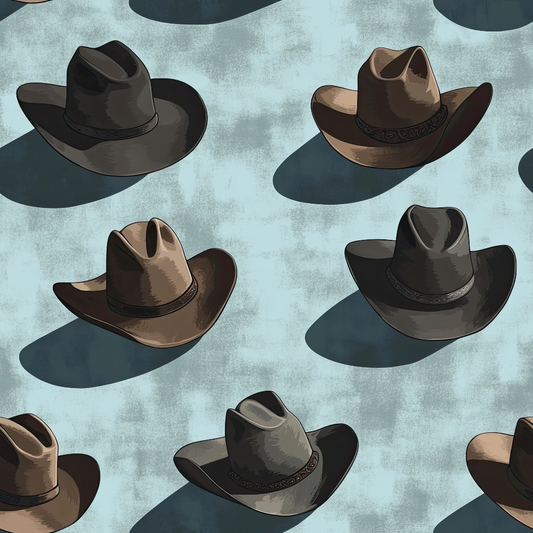 cowboy hats, western theme, brown hats, tan hats, gray hats, blue background, cloudy sky, hat shadows, ranch style, quilting cotton, fabric panel, western wear, country style, rustic pattern, outdoor theme, americana, hat collection, repeating pattern, muted tones, vintage western