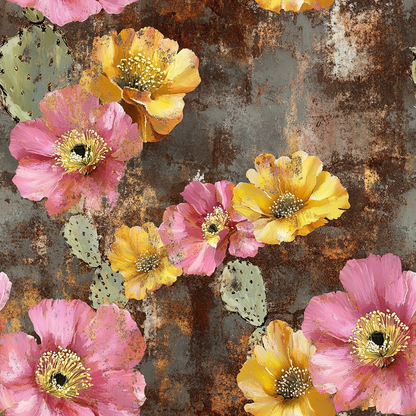 cactus flowers, pink blooms, yellow flowers, orange petals, prickly pear cactus, desert flora, rustic background, weathered texture, southwestern style, floral pattern, quilting cotton, fabric panel, botanical design, coral pink, golden yellow, sage green, vintage feel, distressed surface, blooming cacti, desert theme
