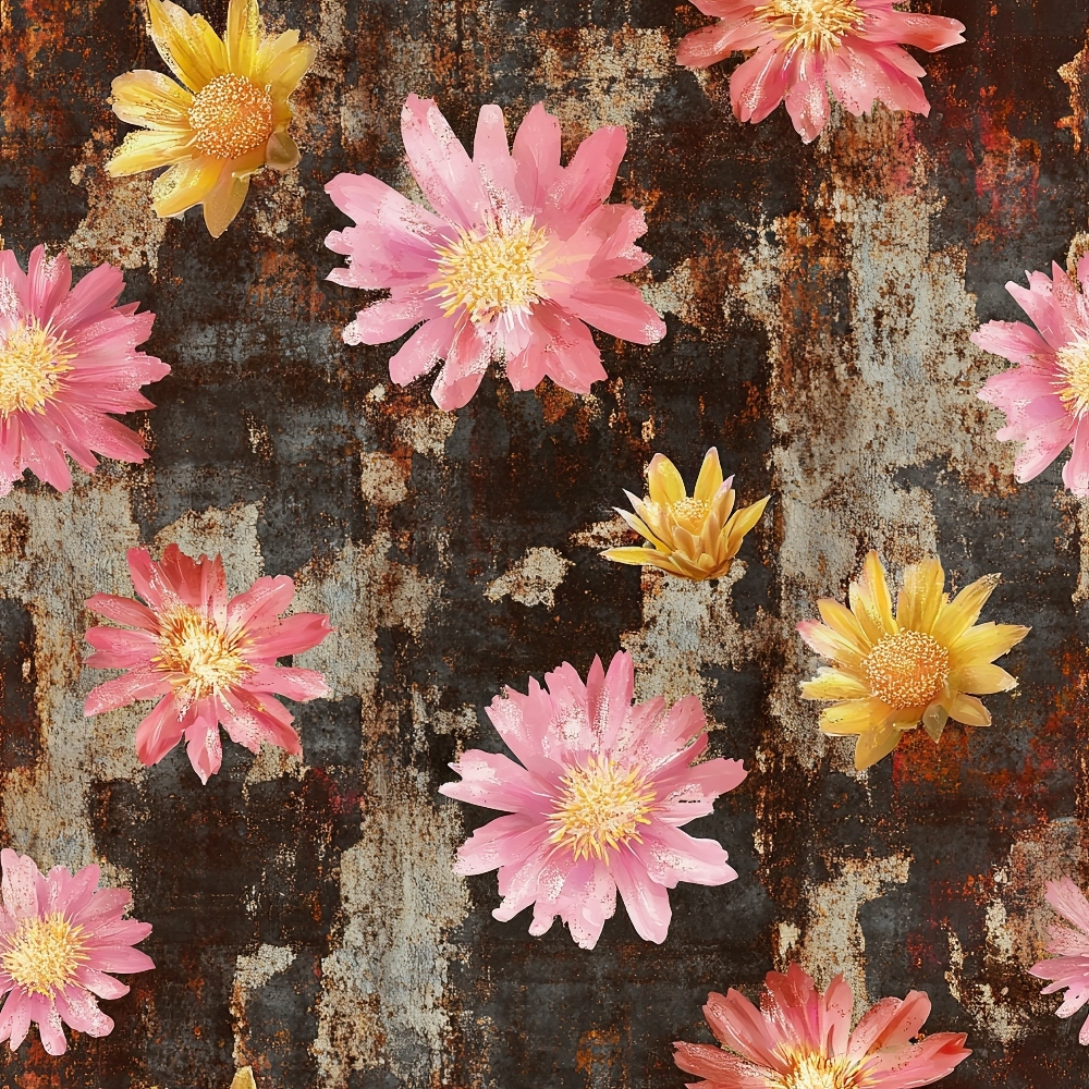 pink flowers, yellow flowers, coral blooms, rustic background, weathered texture, floral pattern, daisy-like flowers, quilting cotton, fabric panel, distressed surface, botanical design, spring florals, scattered blooms, vintage style, crafting material, sewing fabric, feminine colors, nature motifs, cottage core, rusty patina