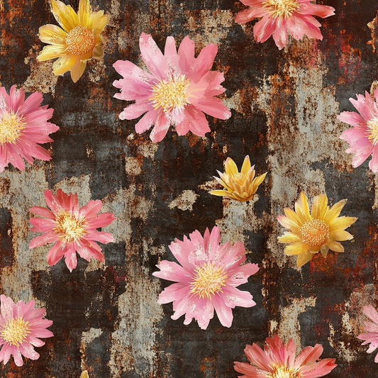 Pink and yellow flowers scattered on a rusty, textured background.