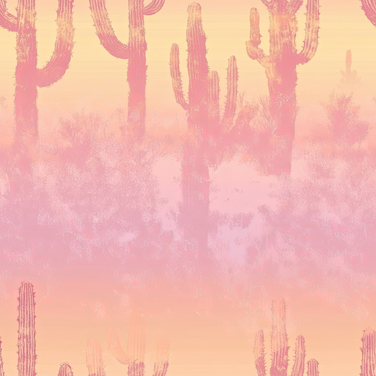 quilting cotton, fabric panel, desert landscape, cactus silhouettes, saguaro cacti, pink gradient, peach tones, coral hues, southwestern theme, desert plants, dusty rose, sunset colors, western motif, botanical design, desert scene, soft pastels, nature pattern, arizona landscape, warm palette, desert flora