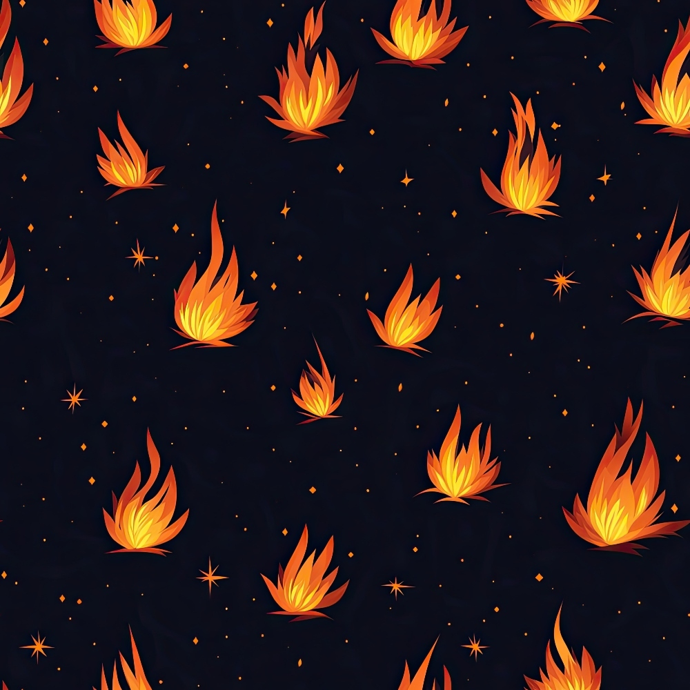 dark navy background, orange flames, yellow fire, scattered flames, starry night, celestial sparkles, geometric stars, fire pattern, repeating motif, quilting cotton, fabric panel, western theme, campfire elements, night sky, orange gradient, flame shapes, scattered design, cotton fabric, dark background, fiery orange