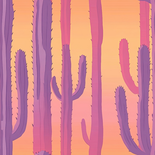 orange, pink, purple, coral, lavender, cactus, saguaro, desert plants, southwestern, arizona landscape, sunset colors, warm tones, botanical, desert scene, quilting cotton, fabric panel, western theme, arid landscape, stylized illustration, peachy background